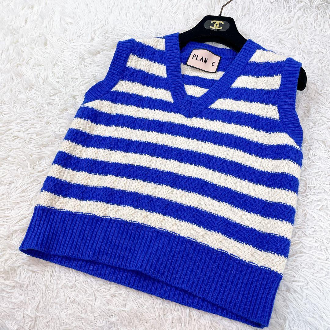 極美品✨PLANC プランシー ニット ベスト ボーダー ウールベスト 青