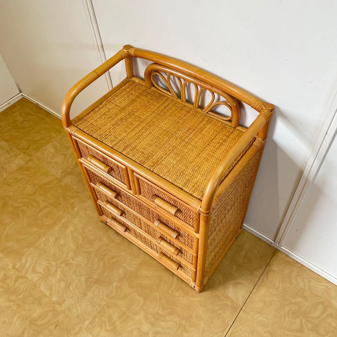 籐 ラタン 4段チェスト① 引き出し 収納 タンス 箪笥 電話台 ビンテージ