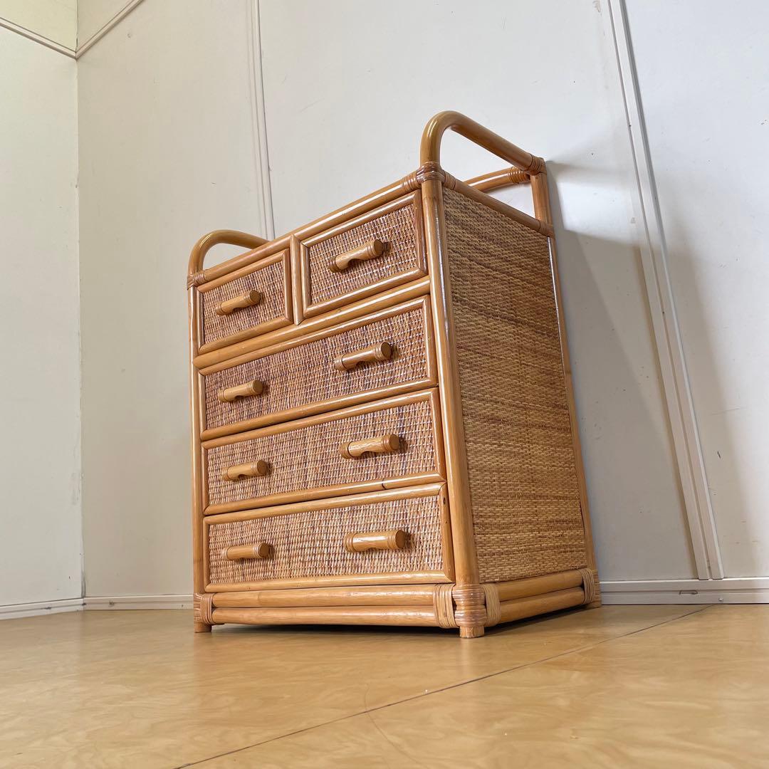 籐 ラタン 4段チェスト① 引き出し 収納 タンス 箪笥 電話台 ビンテージ