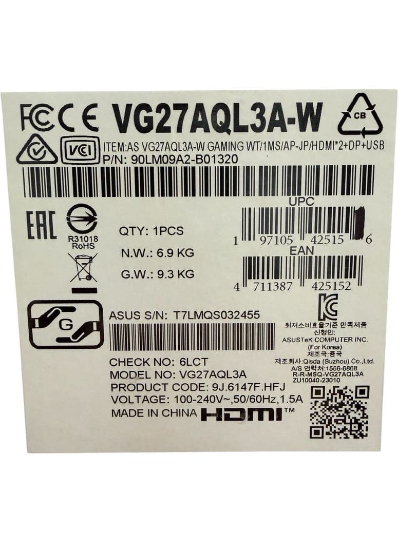 【新品3年保証】ASUS VG27AQL3A-W 27型 白