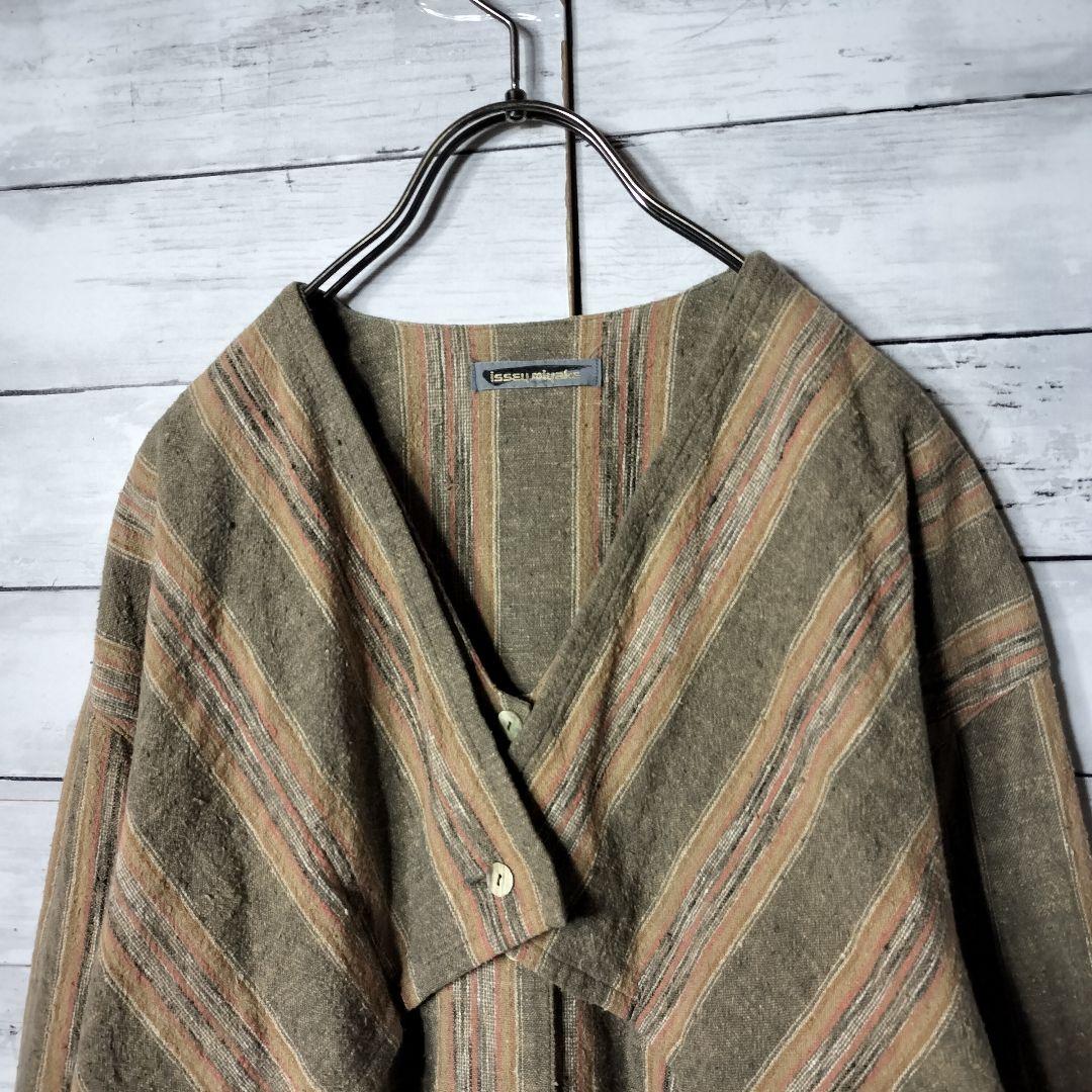 80's 筆タグ イッセイミヤケ ノーカラー シャツジャケット ストライプ 綿
