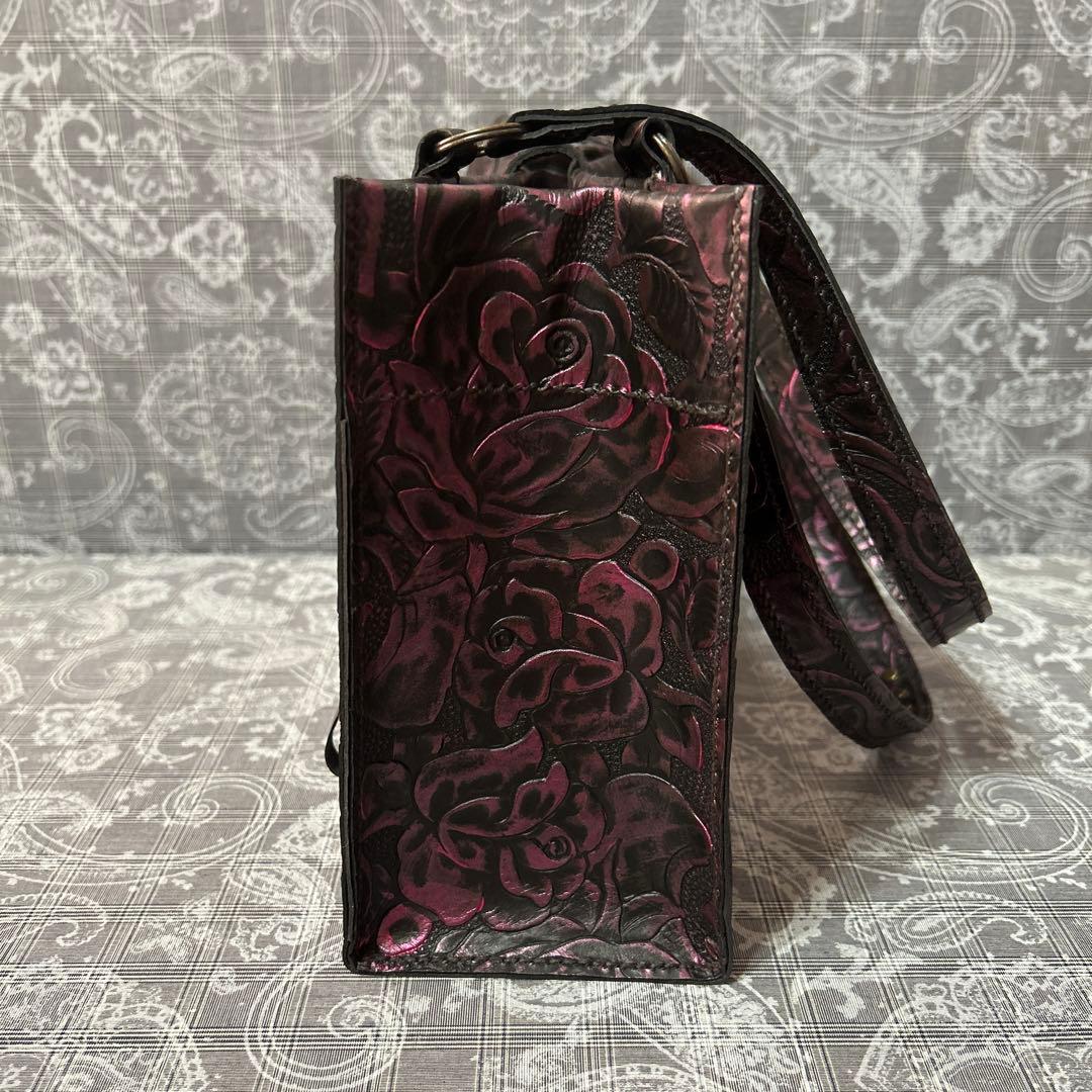 ハンドメイド♪本革薔薇トートバッグ(*^^*)ブラックキラキラピンク♪