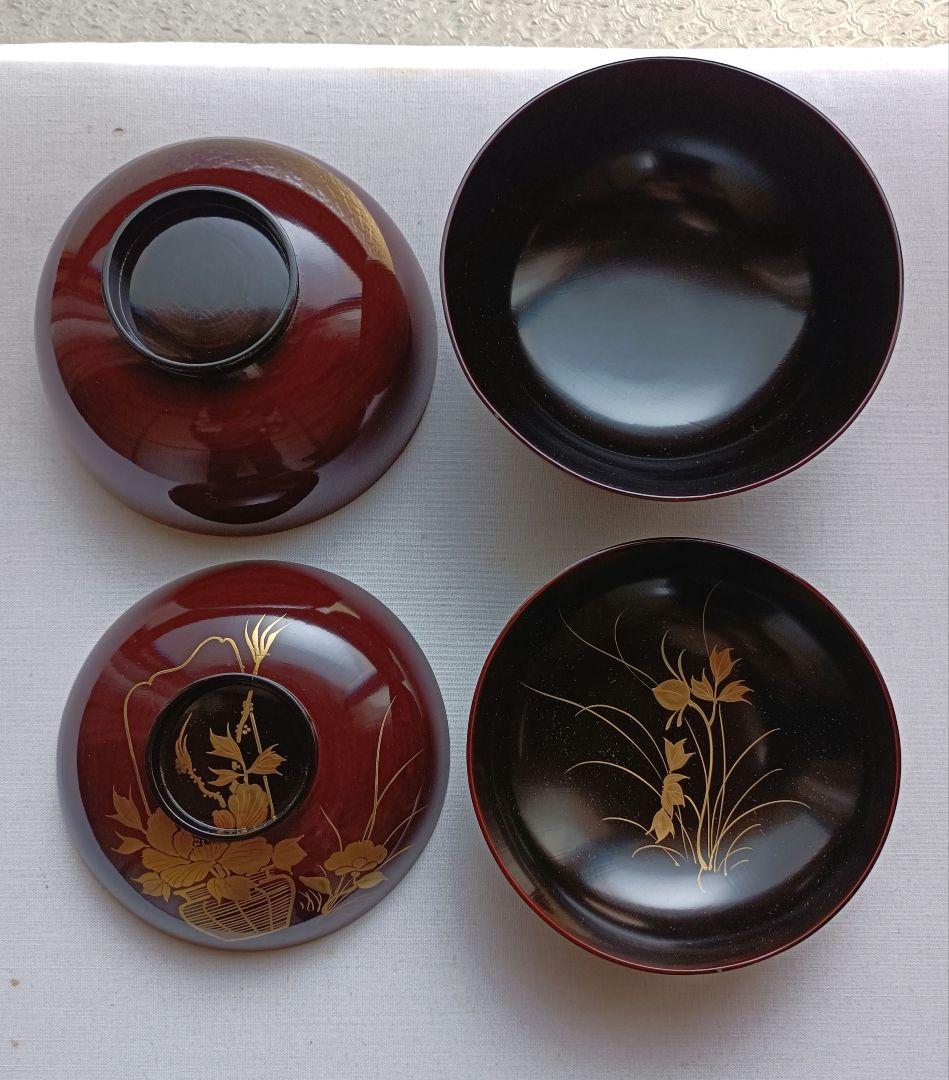 Fox犬金蒔絵木椀5客セット(木箱付、蓋の両面に金蒔絵、椀表は茶、内は黒)