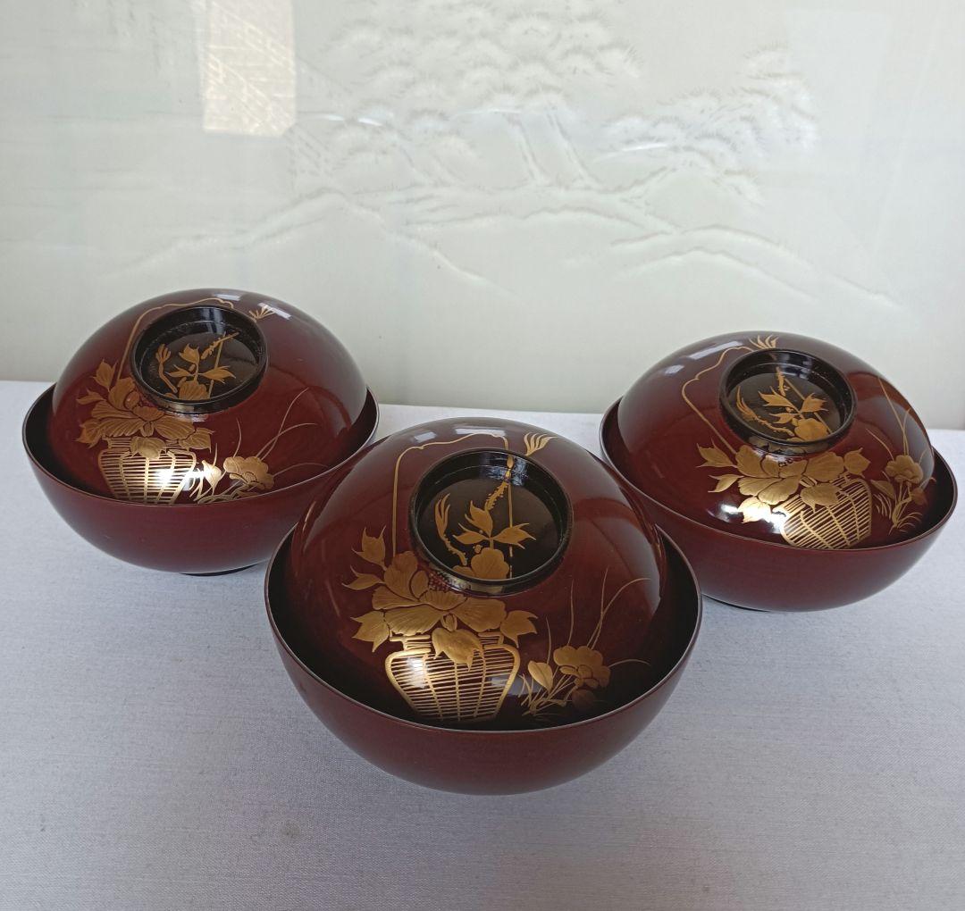 Fox犬金蒔絵木椀5客セット(木箱付、蓋の両面に金蒔絵、椀表は茶、内は黒)