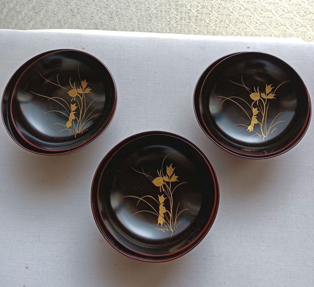 Fox犬金蒔絵木椀5客セット(木箱付、蓋の両面に金蒔絵、椀表は茶、内は黒)