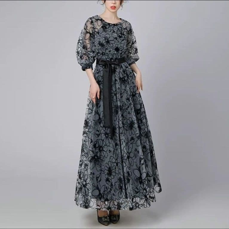 新品✨パーティードレス 七分丈 ロング ワンピース 花柄 結婚式 発表会 XL