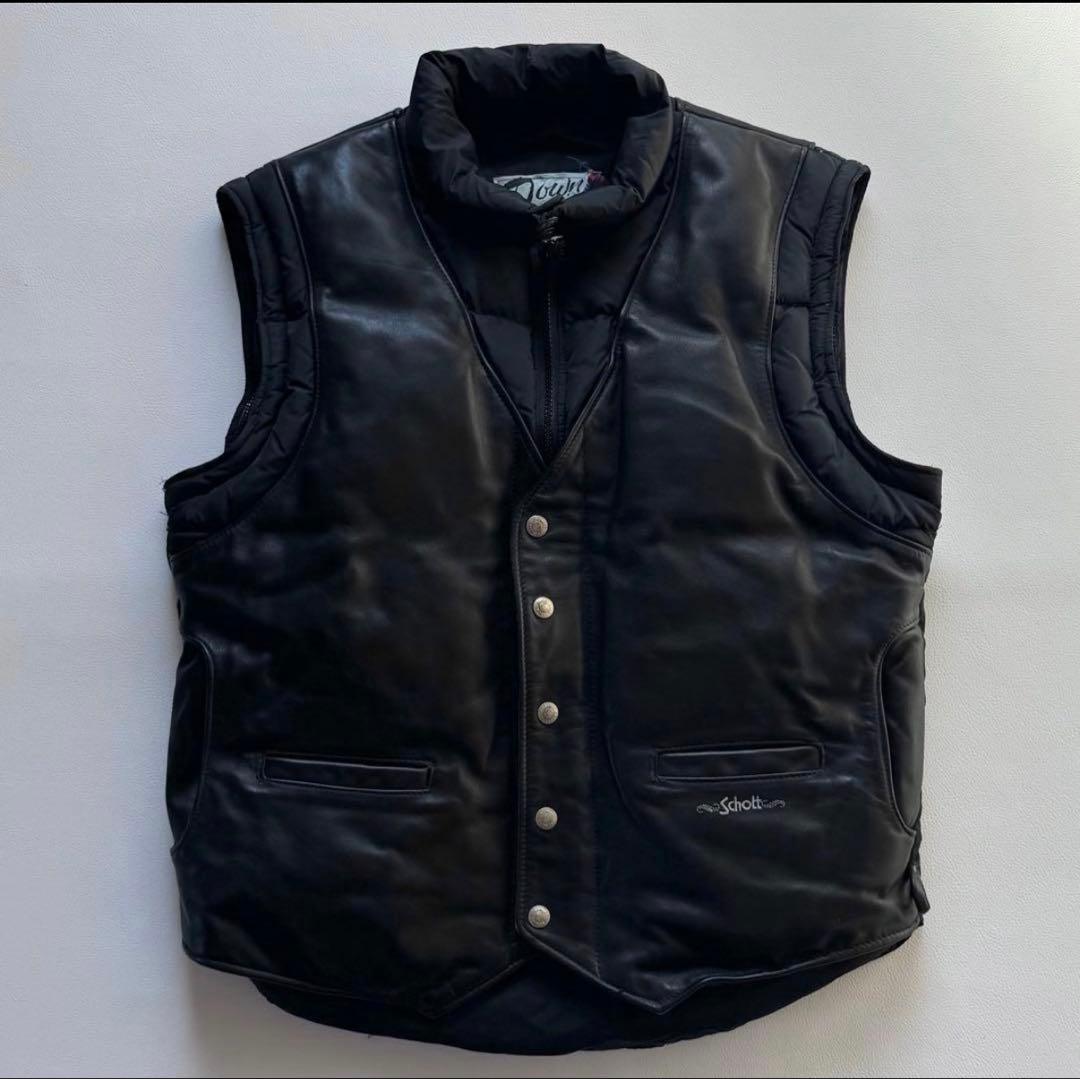 美品 Schott 2way レザーダウンジャケット ベスト ブラック 42