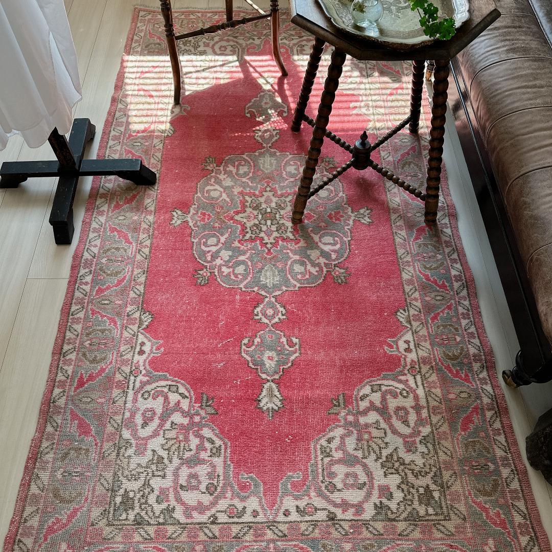 トルコヴィンテージラグ A65 コーラル レッド ネイビー ブルーグレー