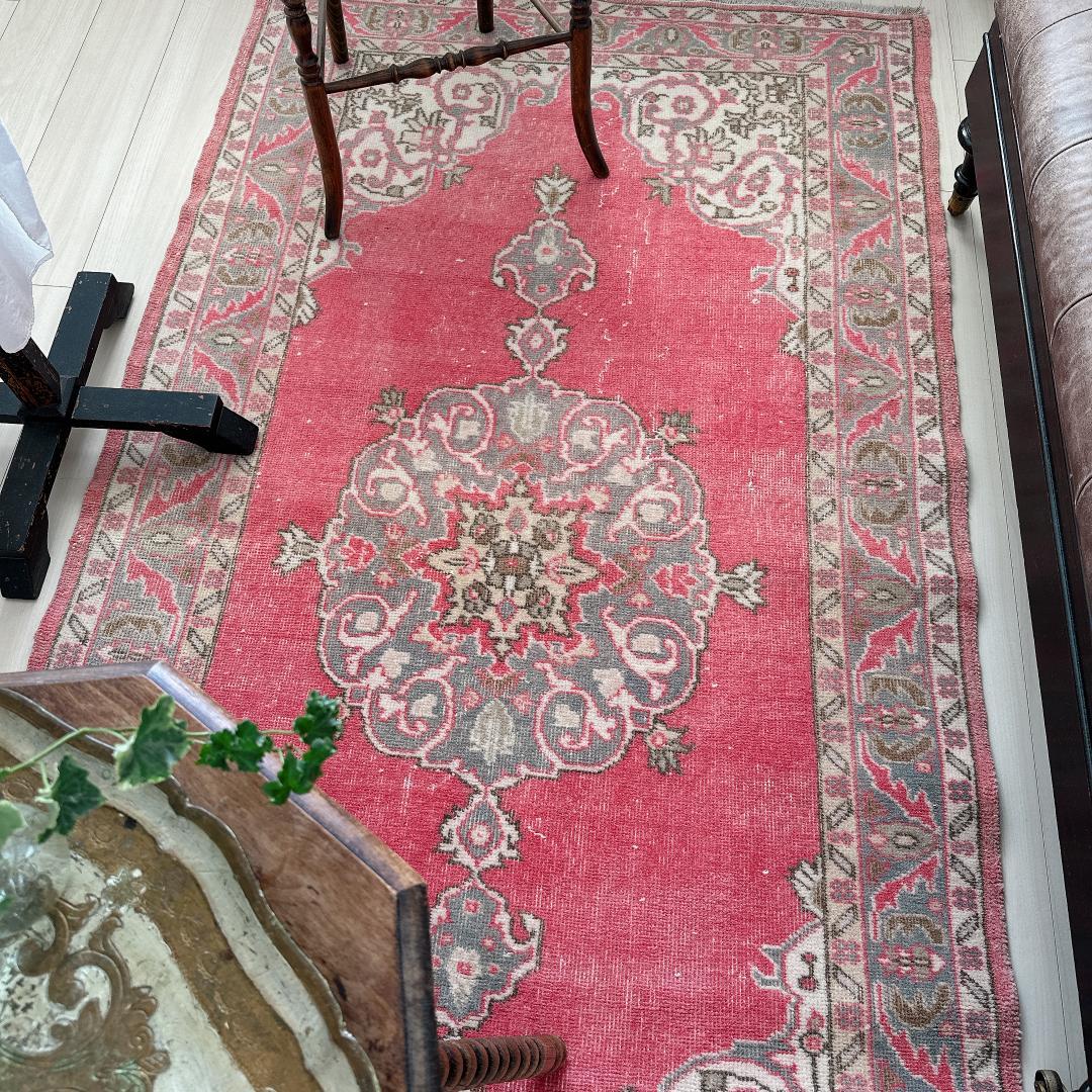 トルコヴィンテージラグ A65 コーラル レッド ネイビー ブルーグレー