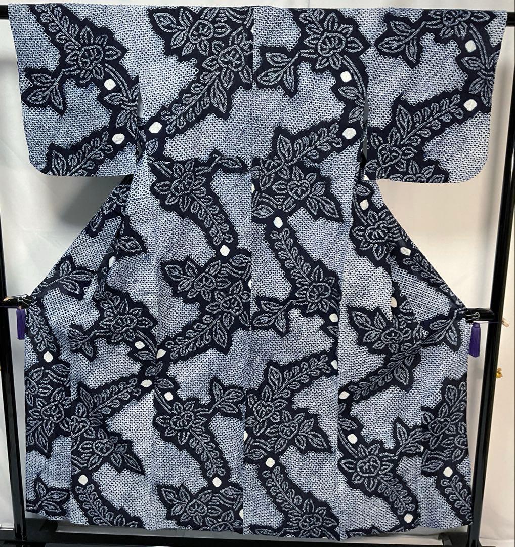 C659綿　浴衣　有松絞り　居敷当付　美品　着物