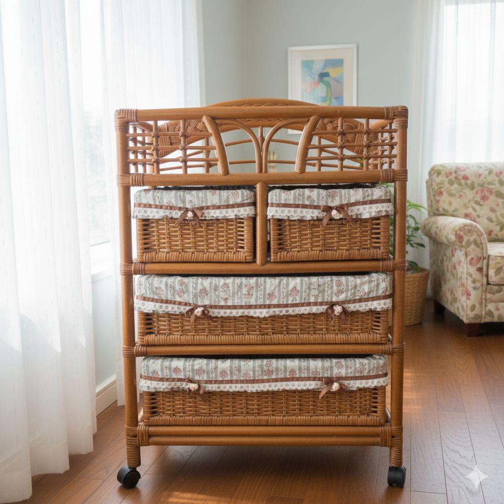 ​ラタン 籐 チェスト 4段 バスケットワゴン キャスター付 花柄カバー 収納