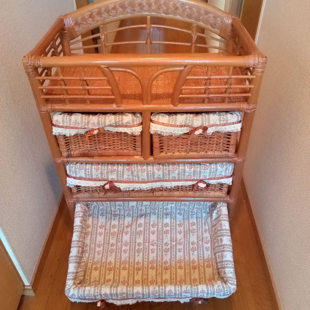​ラタン 籐 チェスト 4段 バスケットワゴン キャスター付 花柄カバー 収納