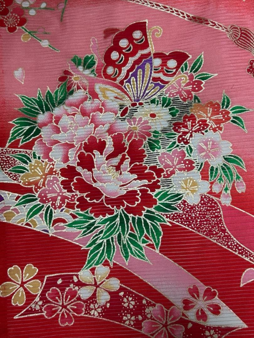 【クリーニング済】お宮参り　夏用産着　金彩　赤 長襦袢付き