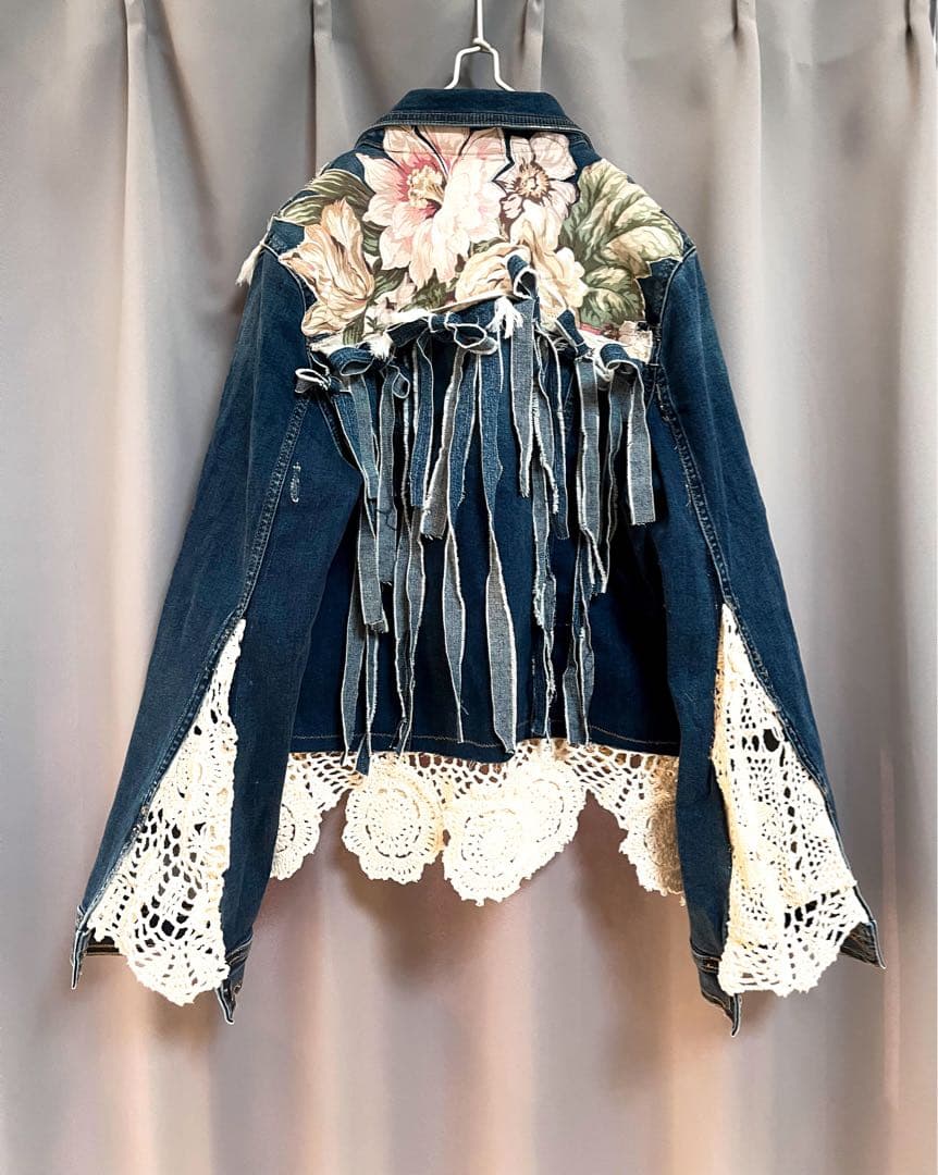 異素材変形立体リボンパッチワークリメイクデニムジャケット クロシェ 個性的y2k