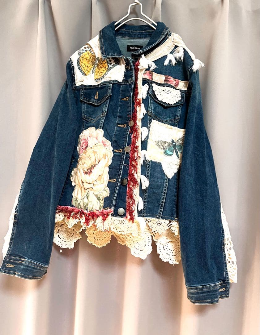 異素材変形立体リボンパッチワークリメイクデニムジャケット クロシェ 個性的y2k