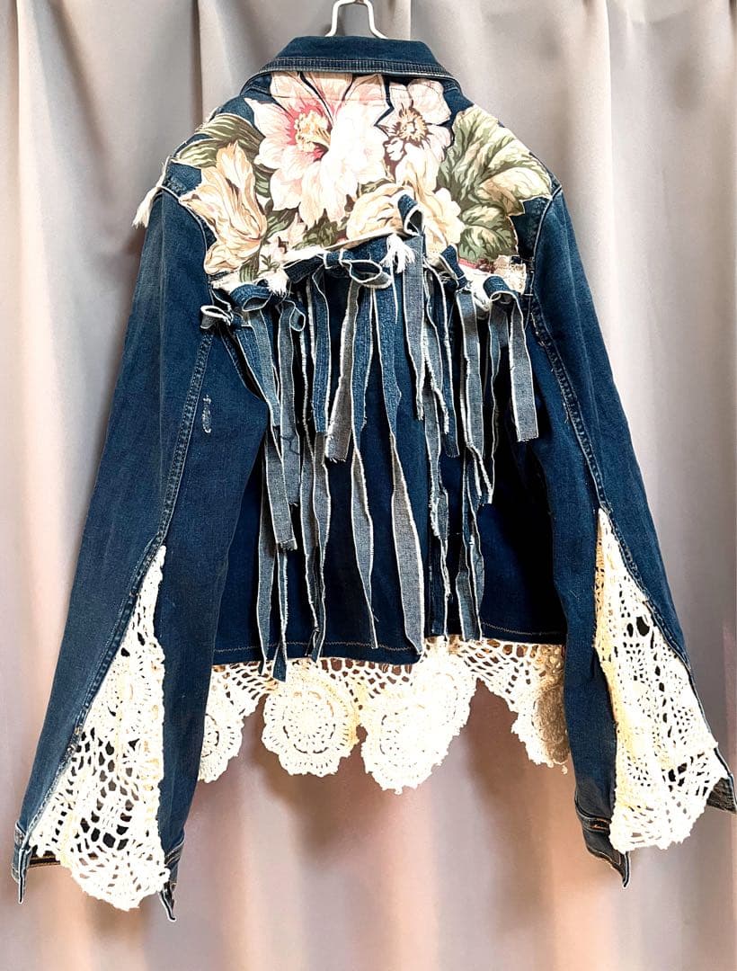 異素材変形立体リボンパッチワークリメイクデニムジャケット クロシェ 個性的y2k