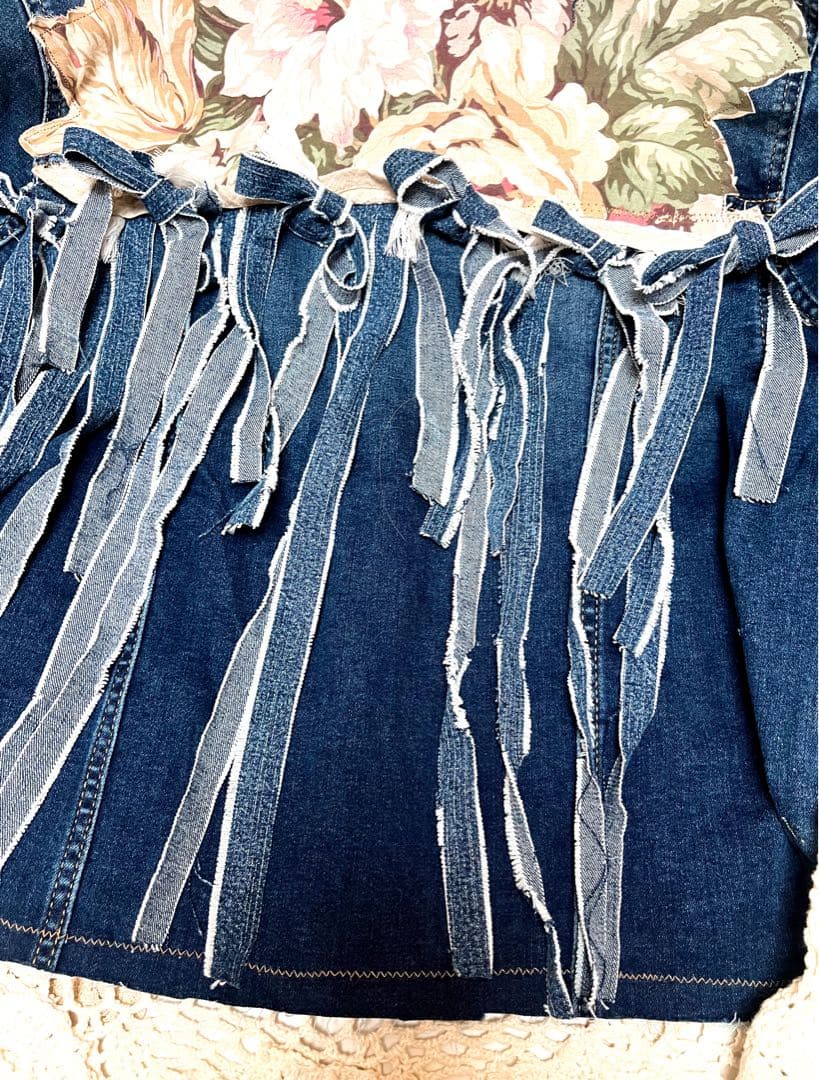 異素材変形立体リボンパッチワークリメイクデニムジャケット クロシェ 個性的y2k