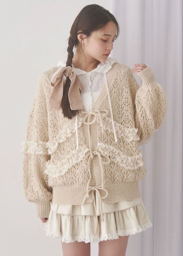 merry jenny透かし編みフリルニットカーディガン