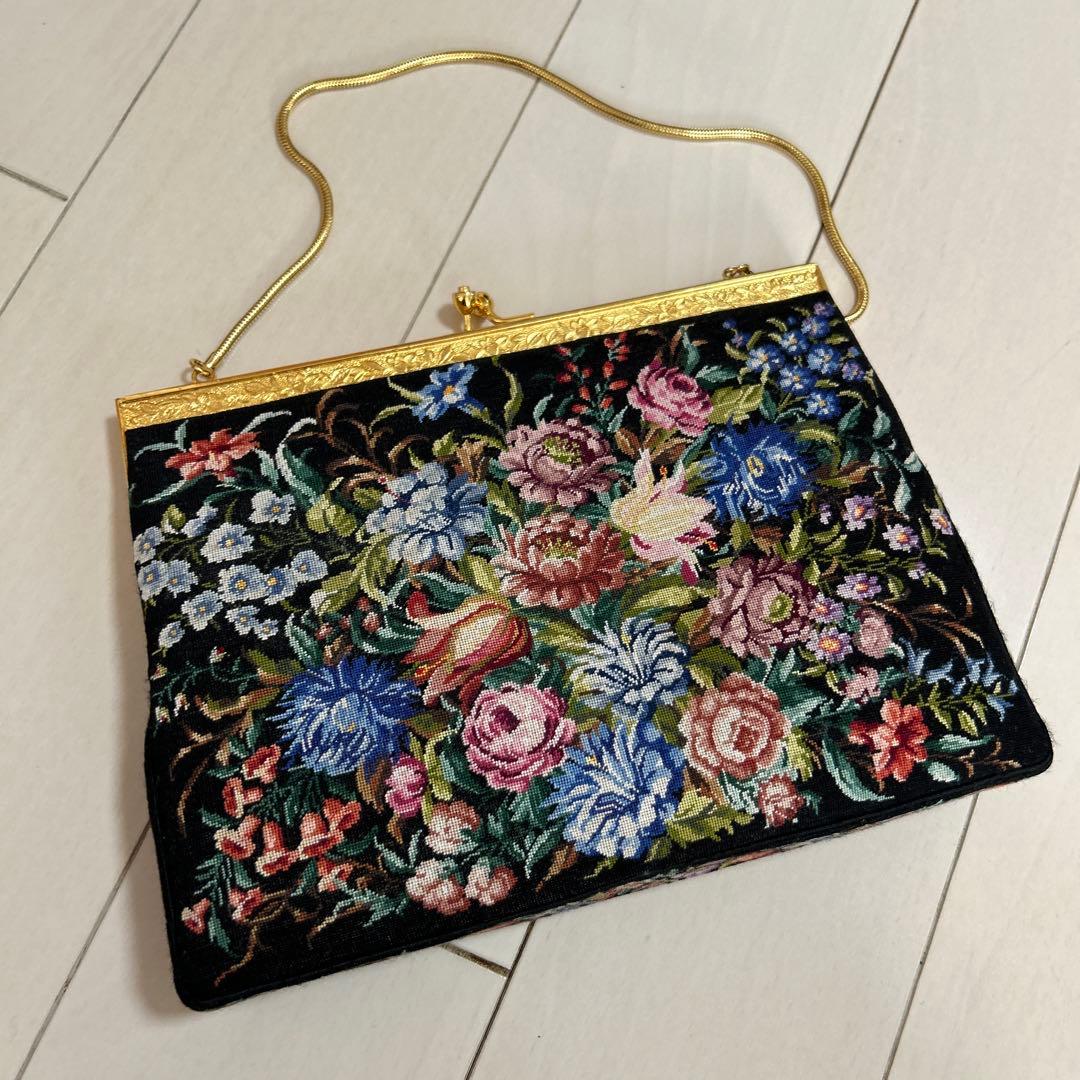 美品◆プチポアン　2WAYアンティークバッグ　花柄刺繍　バッグ＆ケース