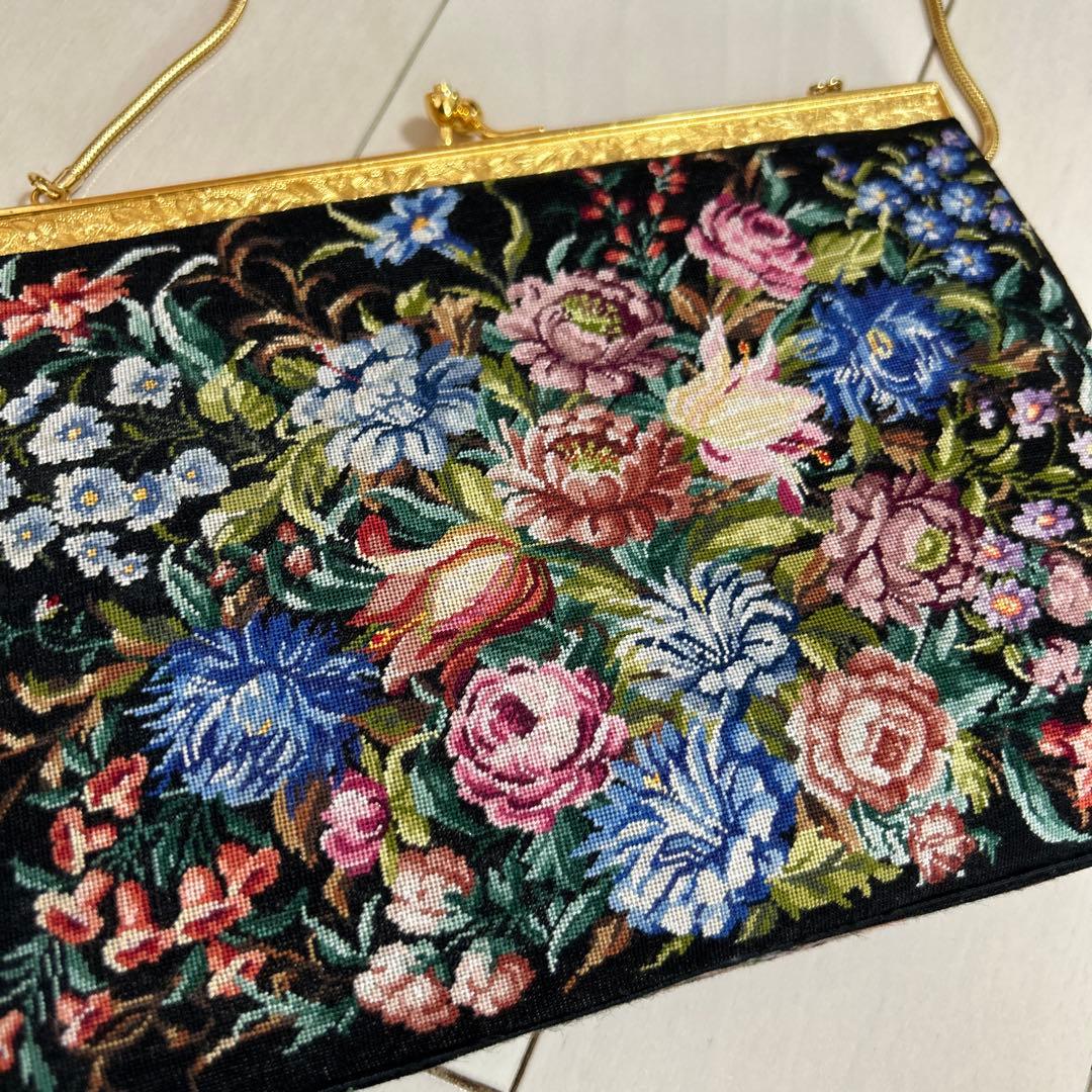 美品◆プチポアン　2WAYアンティークバッグ　花柄刺繍　バッグ＆ケース