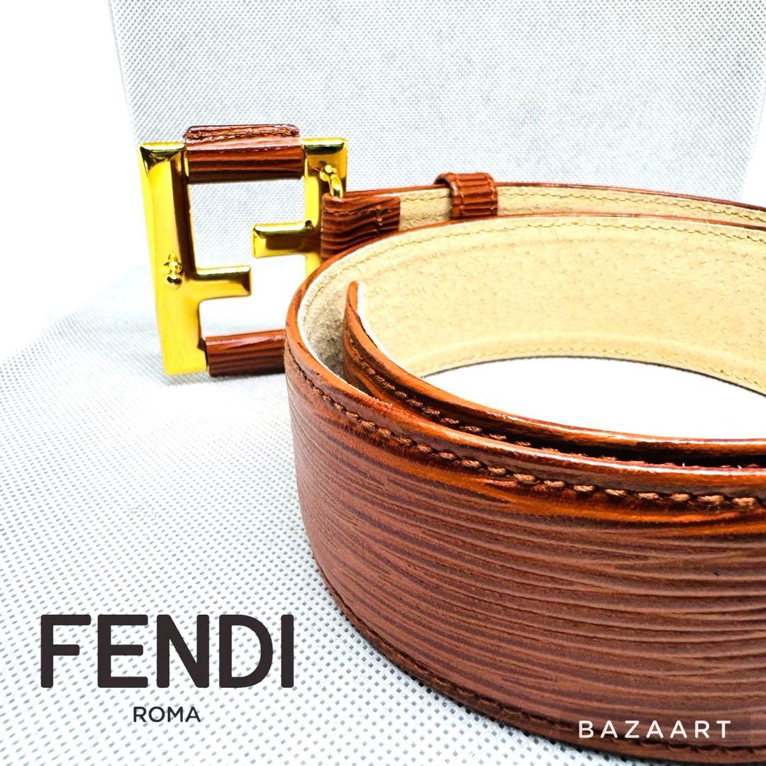 FENDI フェンディ ブラウン レザーベルト ゴールドバックル FFロゴ