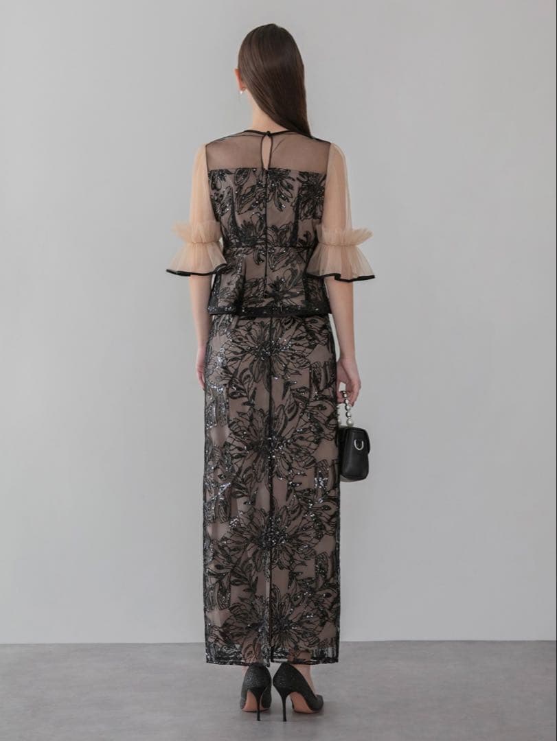 アシンメトリーシアーフラワースパンコールフリルチュール セットアップドレス結婚式