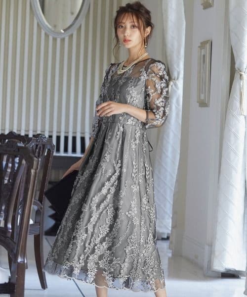 【niana】刺繡レース バックリボン パーティードレス 結婚式 オケージョン