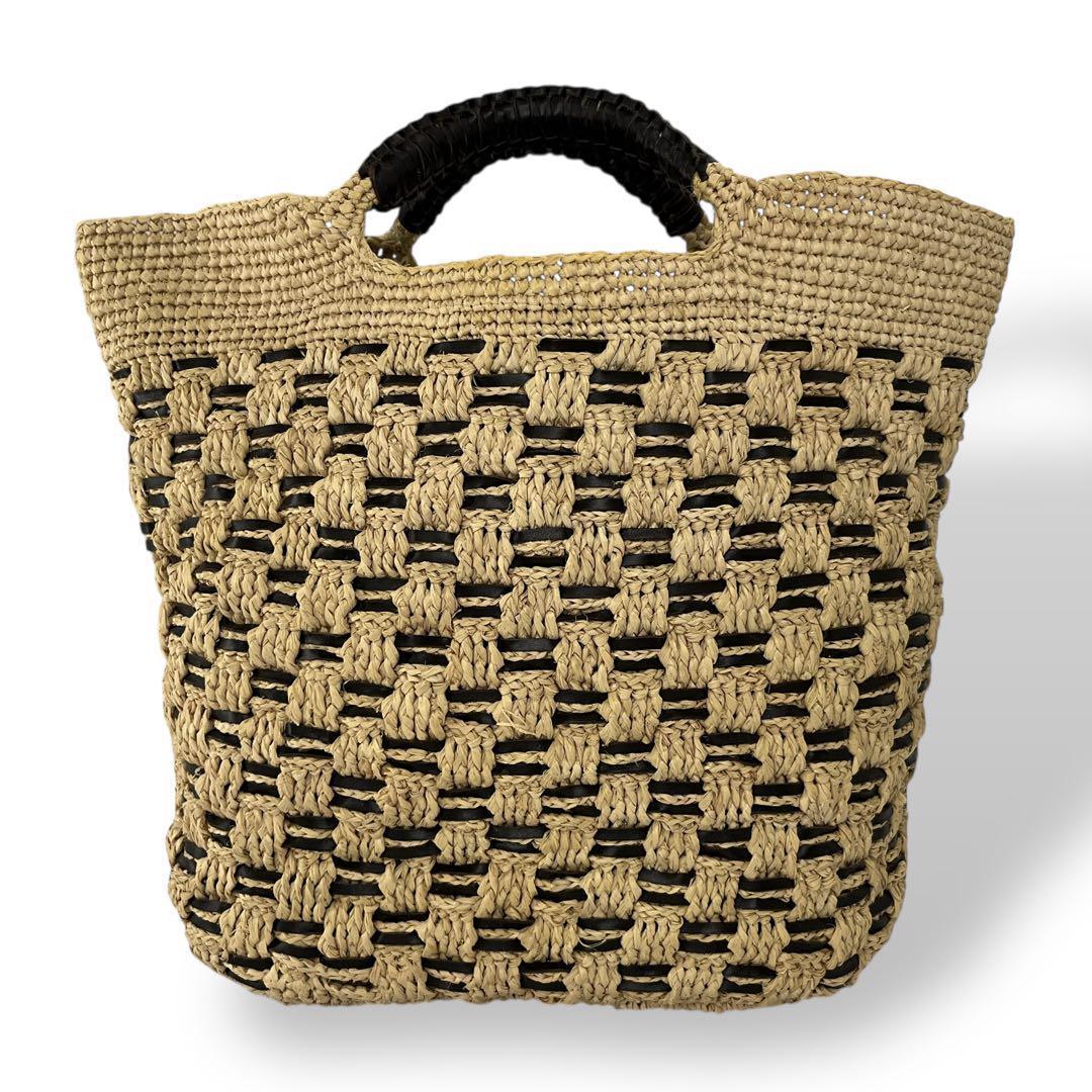 良品　ヘレンカミンスキー　かごバッグ　編み込み　ロゴプレート　ラフィア　ベージュ