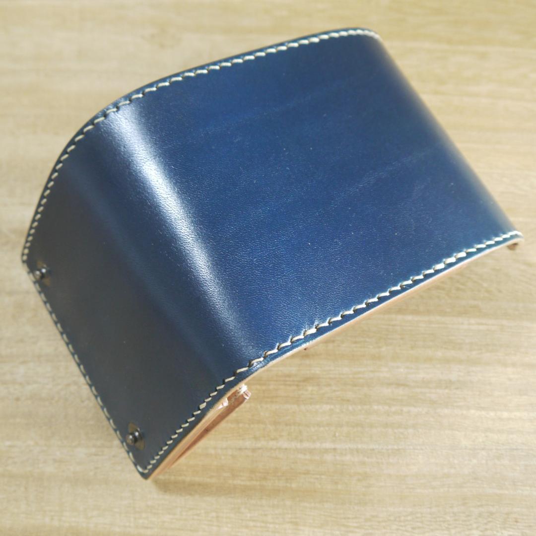 ヌメ革　栃木レザー　サドルレザー　コンパクトウォレット　三つ折り　青/生成り