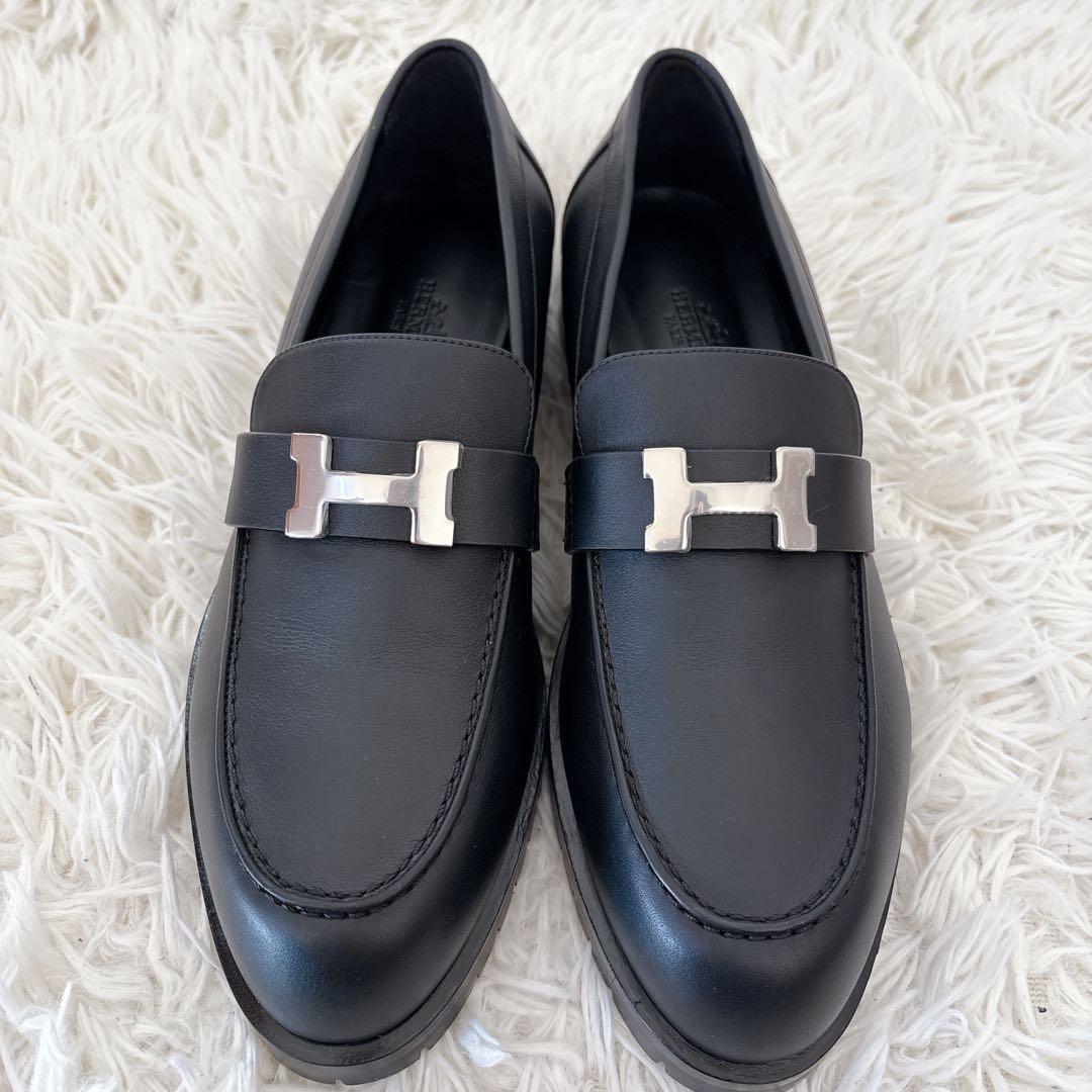 新品　エルメス　モカシン パリローファー　ノワール　黒　シルバー　38.5