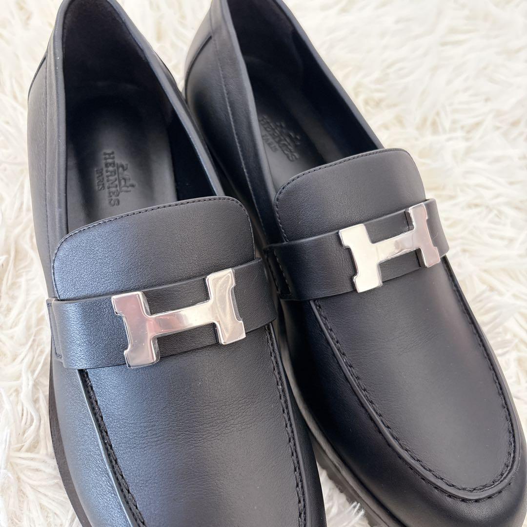 新品　エルメス　モカシン パリローファー　ノワール　黒　シルバー　38.5