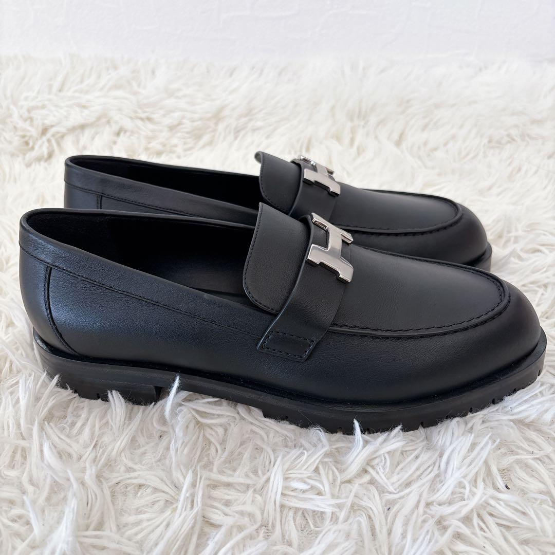 新品　エルメス　モカシン パリローファー　ノワール　黒　シルバー　38.5