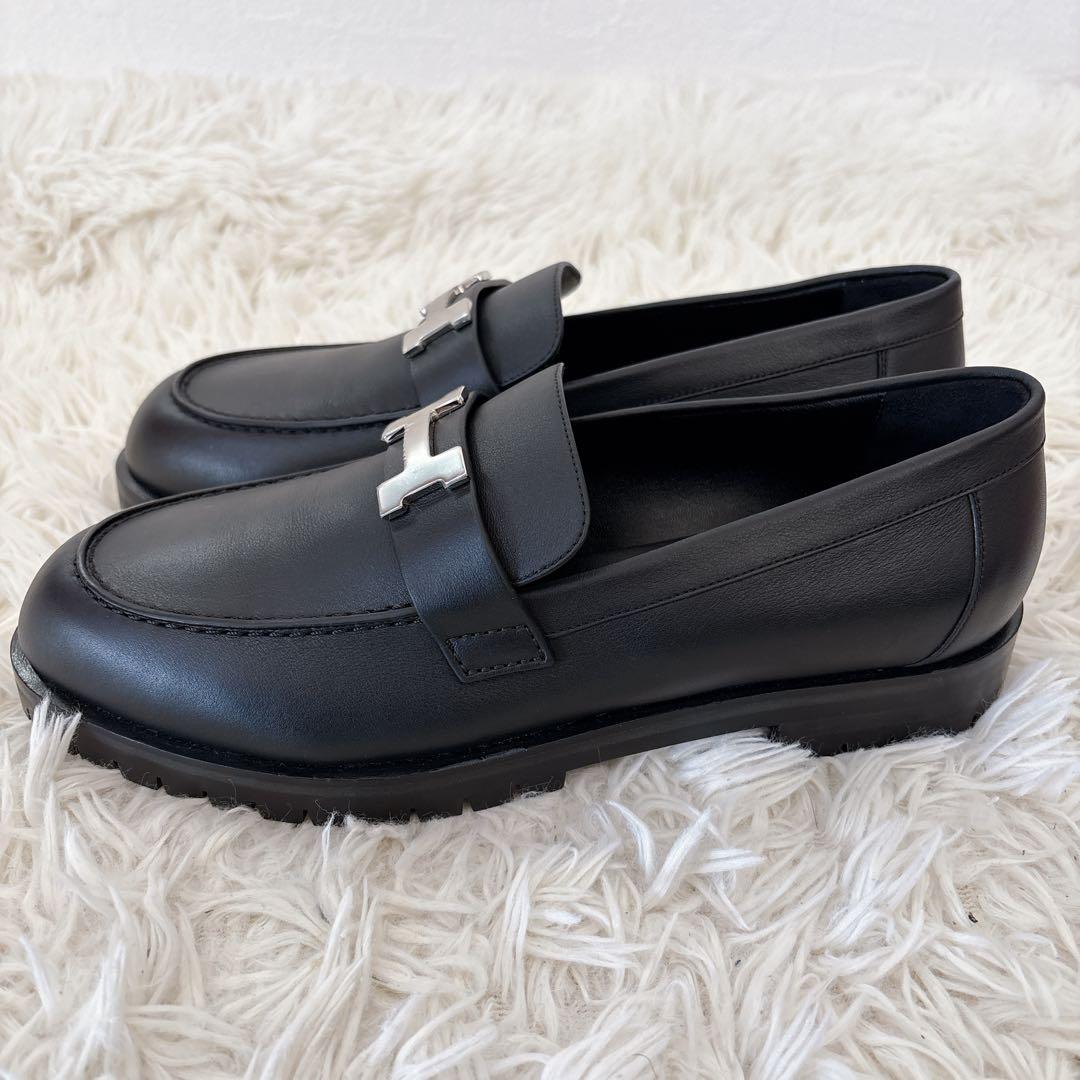 新品　エルメス　モカシン パリローファー　ノワール　黒　シルバー　38.5