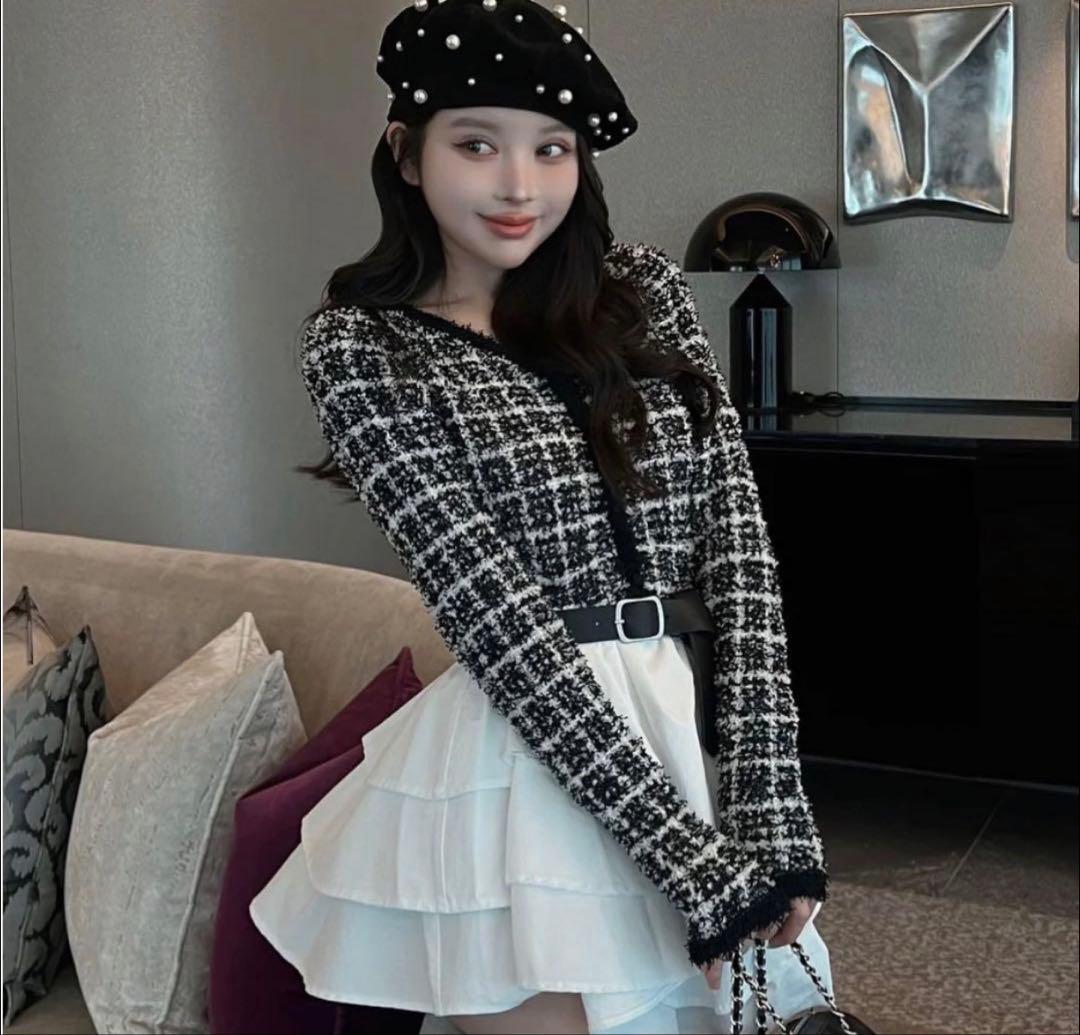 ダーリッチ ボリュームフリルツイードニットミニワンピース