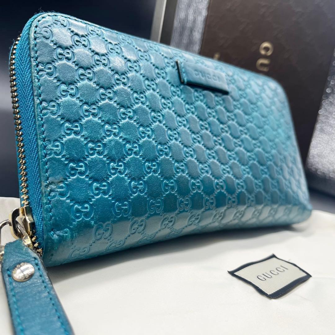 グッチ 長財布 ラウンドファスナー マイクロシマ GG レザー ターコイズブルー