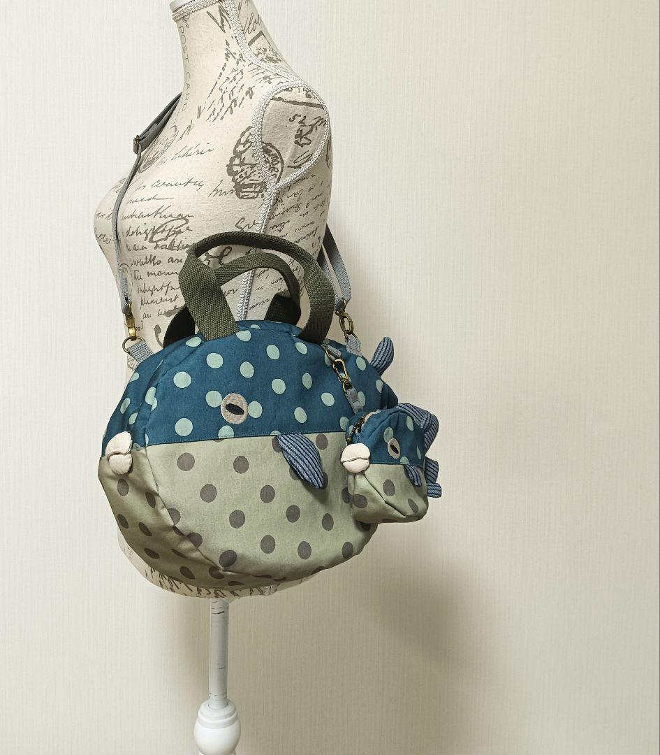 フグ　ショルダーバッグ　ポーチ　セット　ハンドメイド　河豚　ドット　水玉