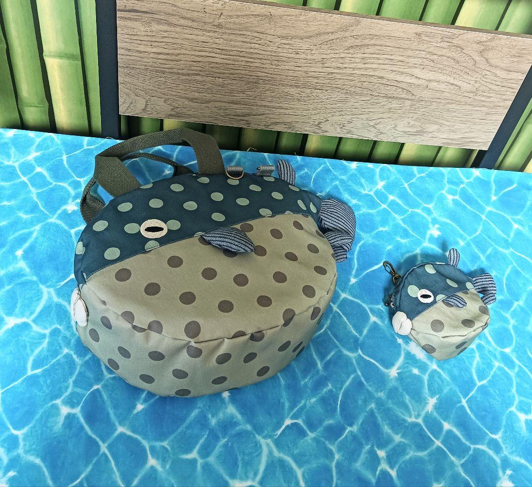 フグ　ショルダーバッグ　ポーチ　セット　ハンドメイド　河豚　ドット　水玉
