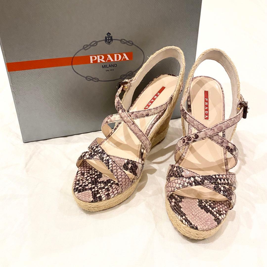 【超美品】PRADA プラダ ウェッジソール サンダル 39 パイソン柄
