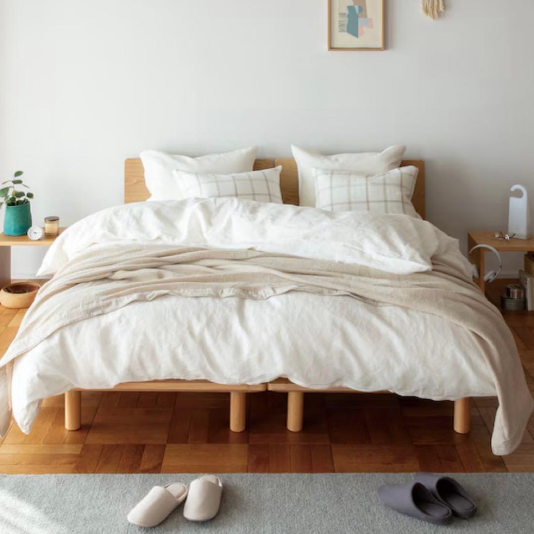 無印 木製ベッドフレーム オーク材突板 ダブル ヘッドボード付き