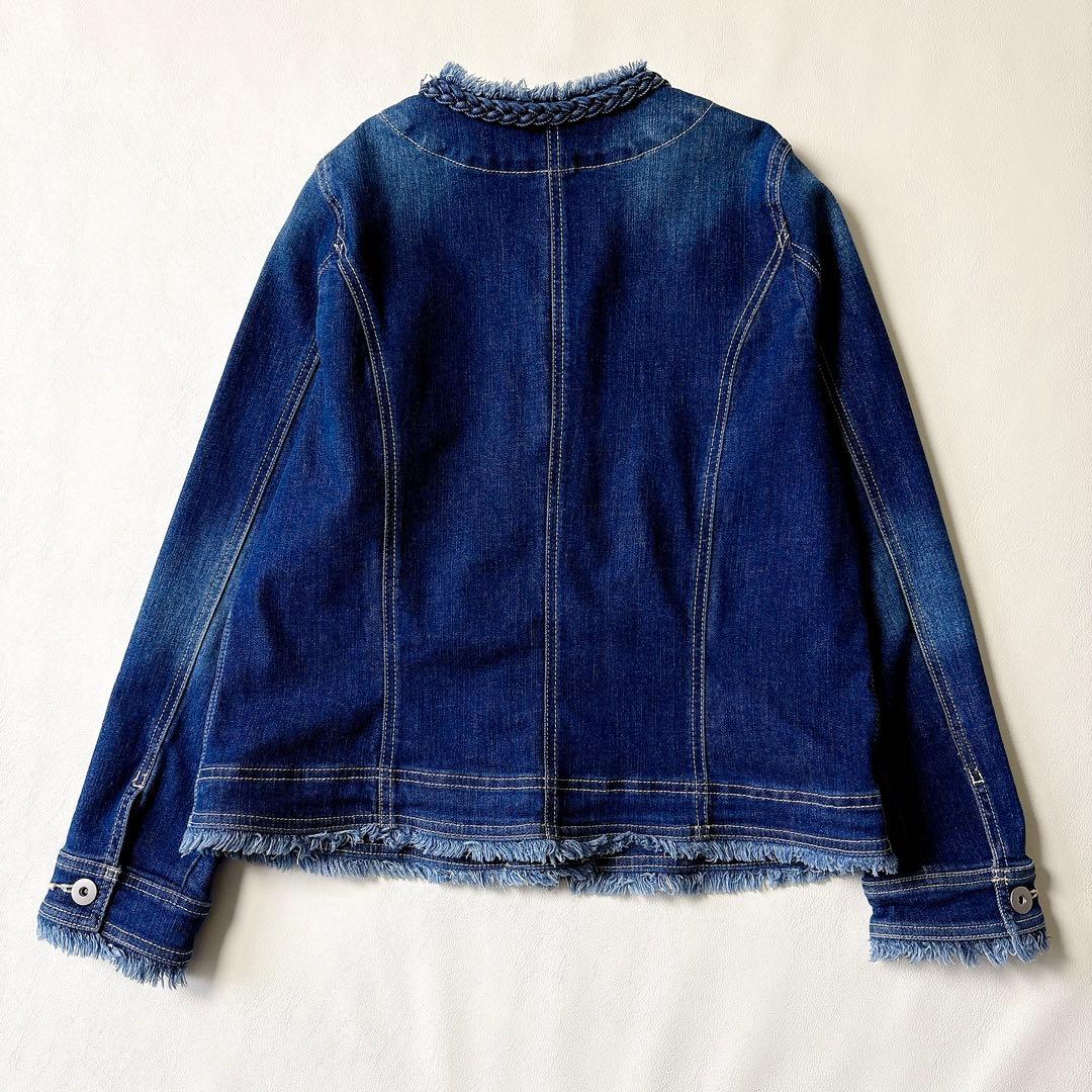 極美品 ローズティアラ 大きいサイズ46 洗える 伸縮ノーカラーデニムジャケット