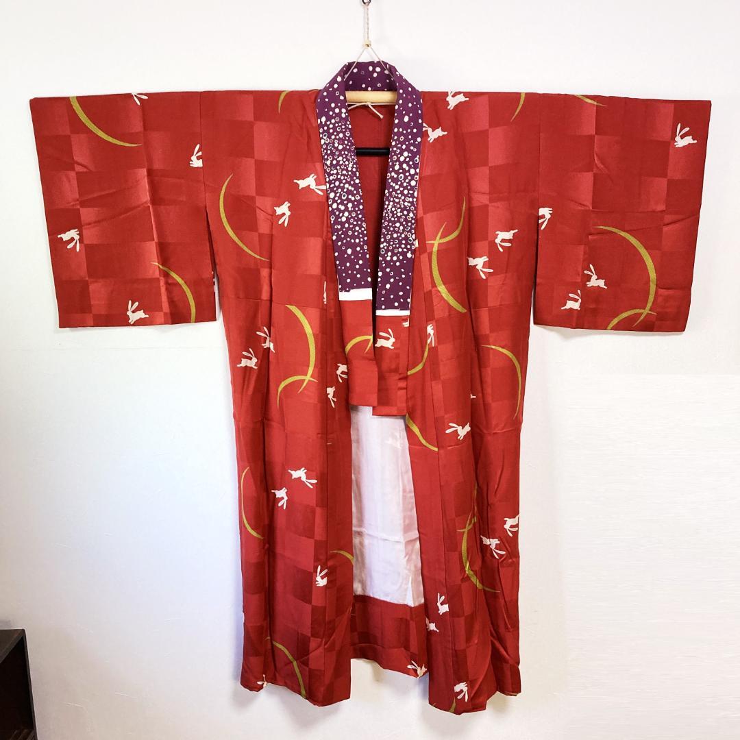 Sid様用／兎の長襦袢 女性用 単衣 袖無双 正絹 身丈117㎝ 裄65㎝ 赤
