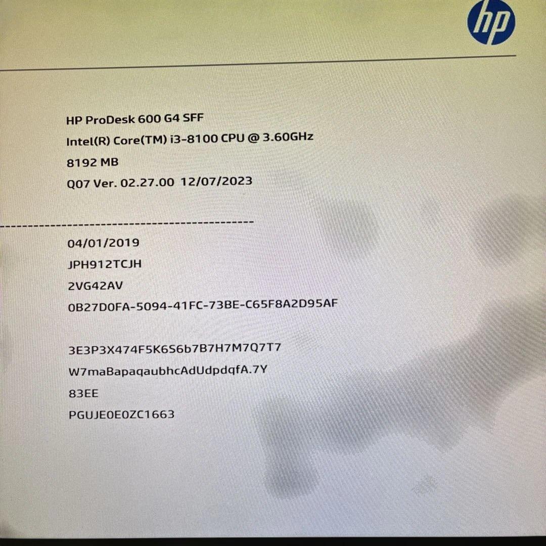 8世代！Core i3！HP ProDesk600G4！本体のみジャンク品！