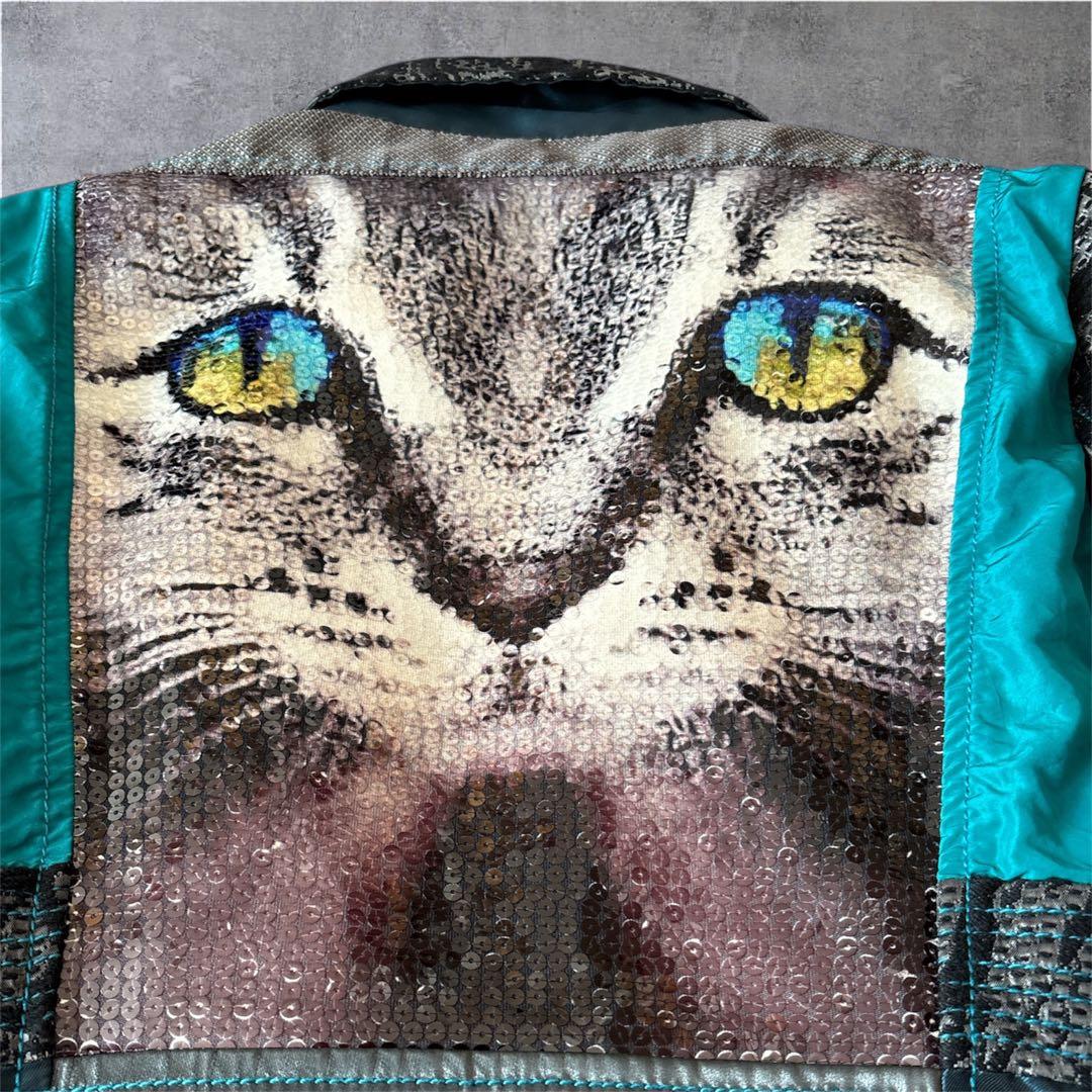 【希少】デシグアル ジャケット 猫 スパンコール×ビジュー 異素材切替 豪華
