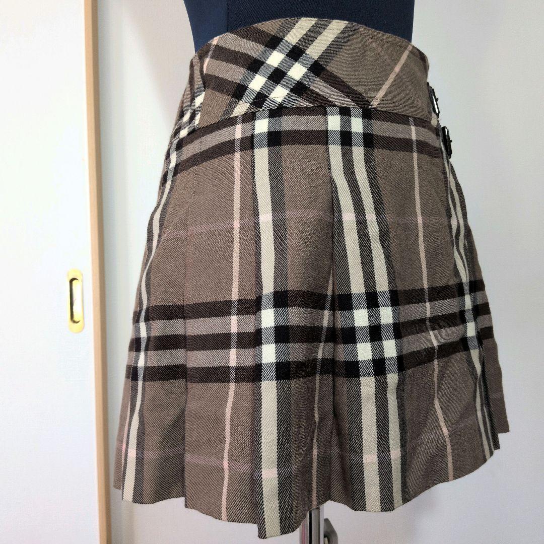 バーバリーブルーレーベル　ブラウン系　ミニスカート　レザーベルト　チェック　S