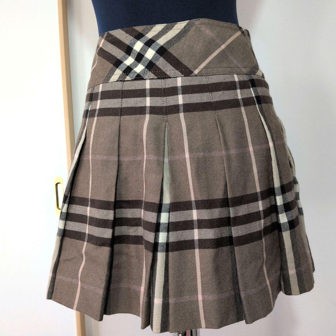 バーバリーブルーレーベル　ブラウン系　ミニスカート　レザーベルト　チェック　S
