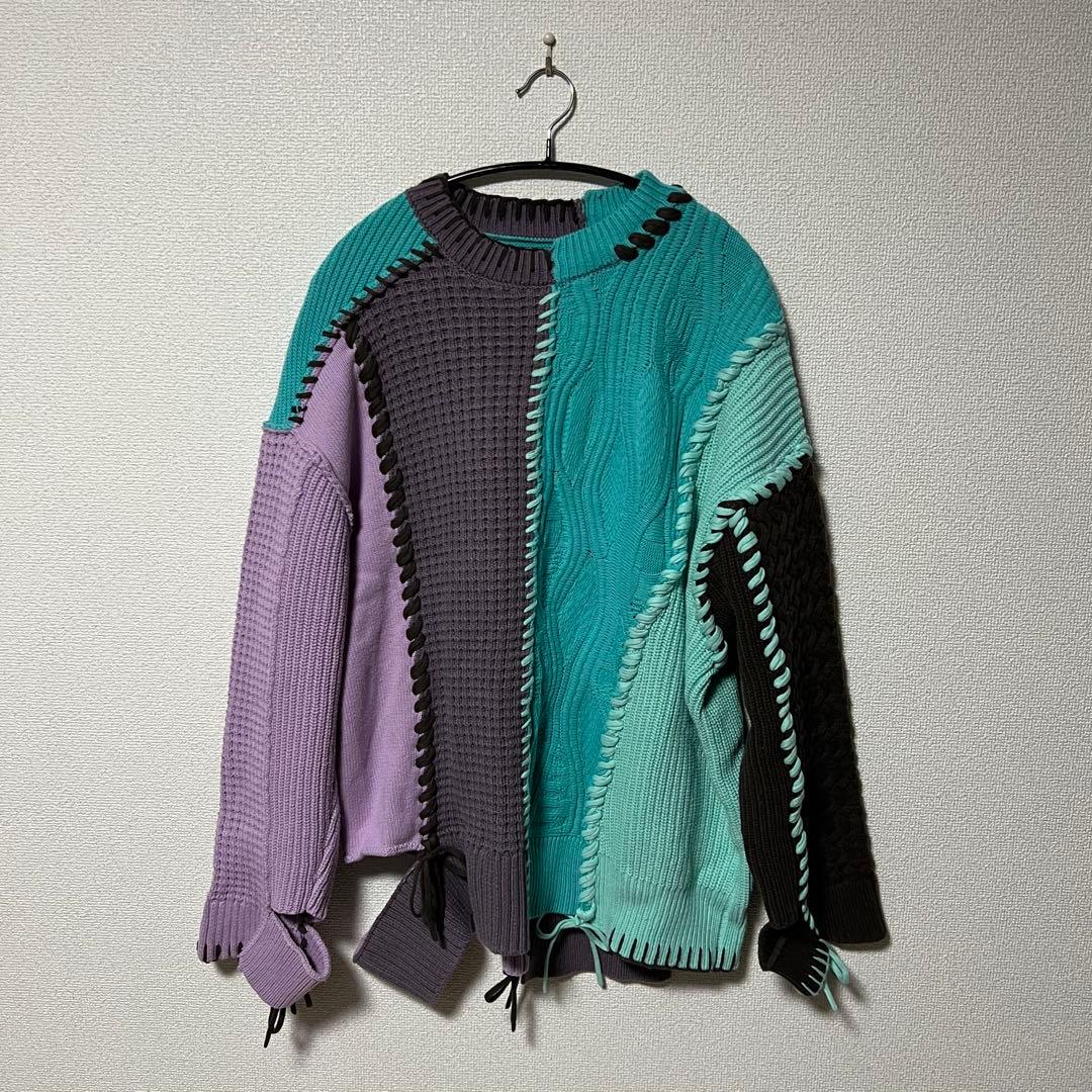 鬼ワッフルクレイジーパッチワーク切り替えプライムオーバークルーネックニット