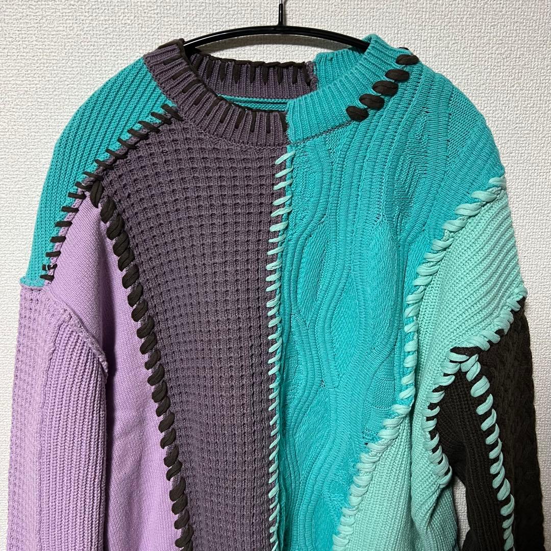 鬼ワッフルクレイジーパッチワーク切り替えプライムオーバークルーネックニット