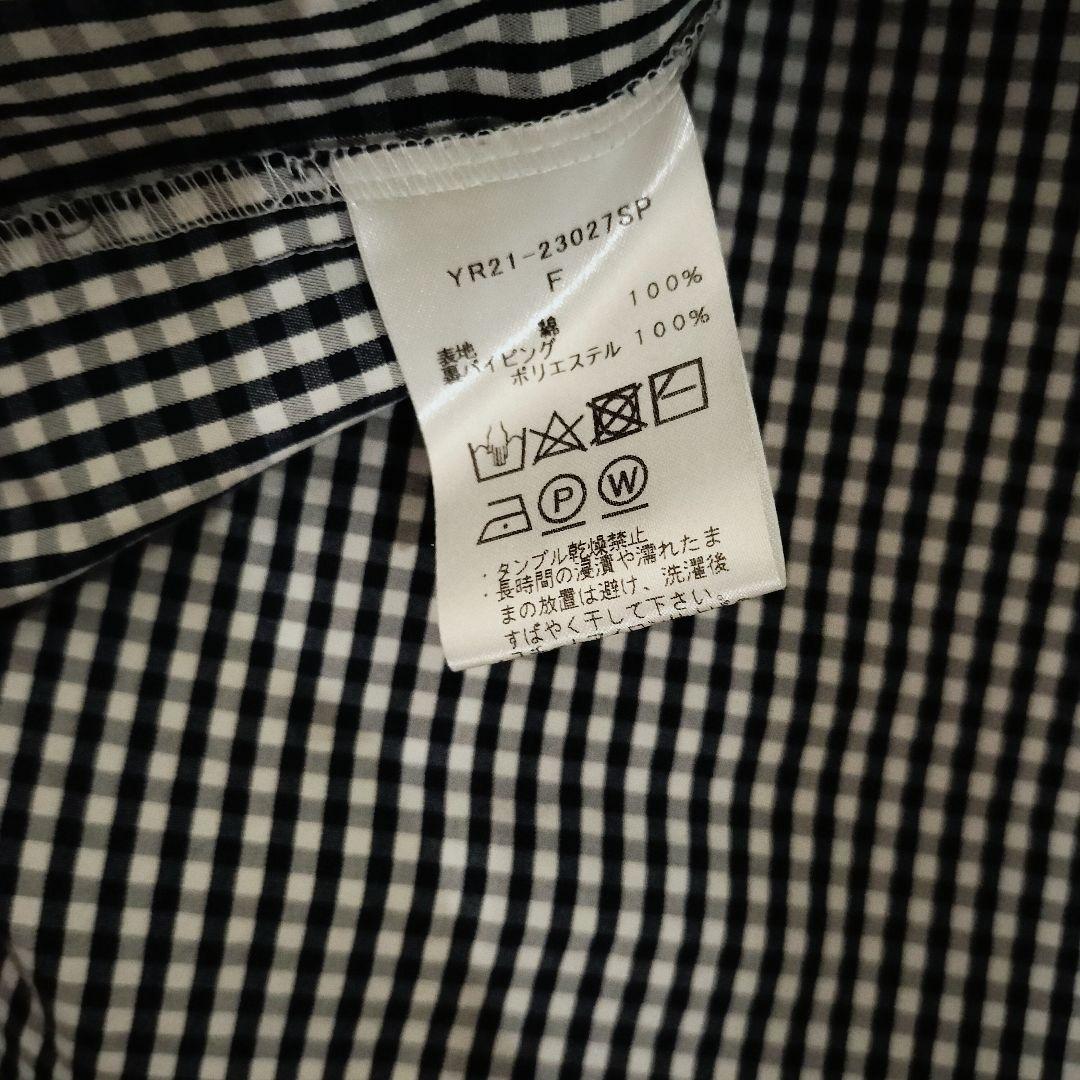 yori ヨリ リボンパフスリーブ ブラウス ネイビー ギンガムチェック