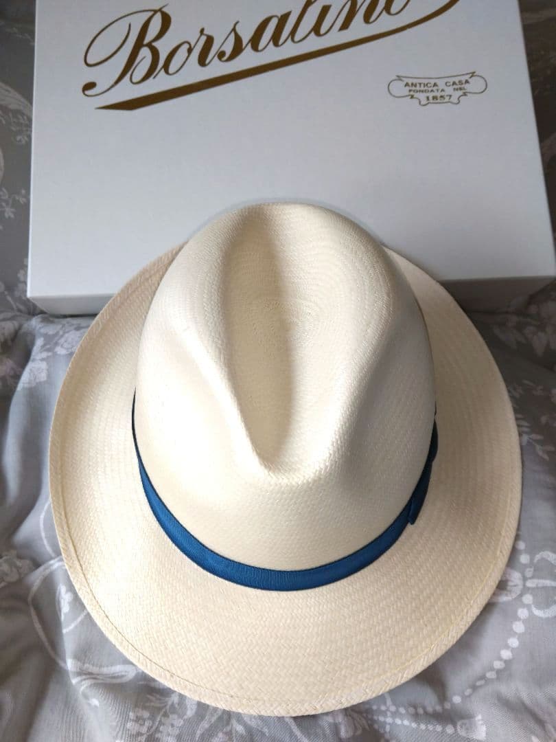 Borsalino 美品パナマ帽 オフホワイト青いリボンＬサイズ59cm