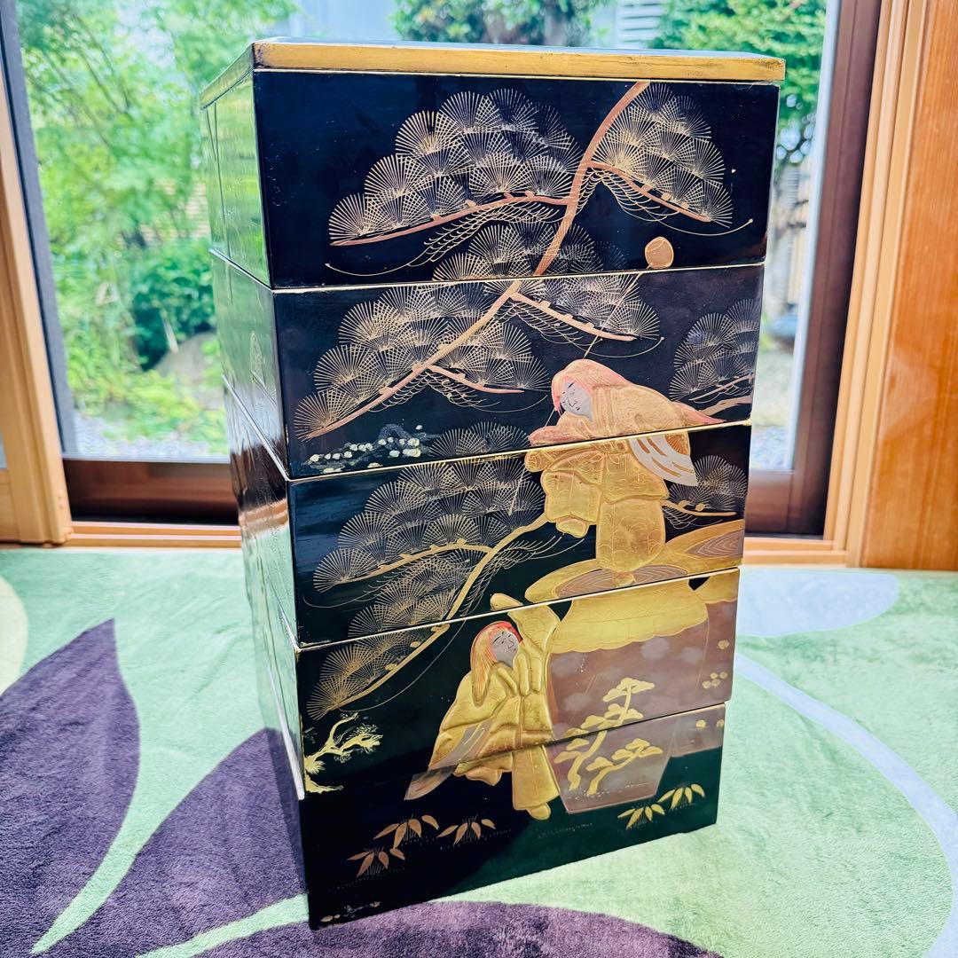 漆器　輪島塗　沈金　蒔絵　螺鈿　木製　五段　重箱　時代品